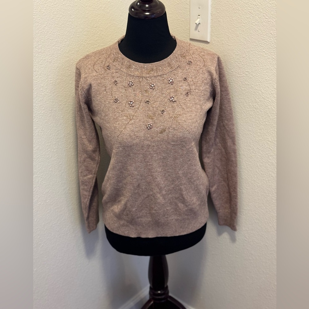 Taupe Cashmere Wool Blend Sweater Gem Embellished Beige Gray Size XS S